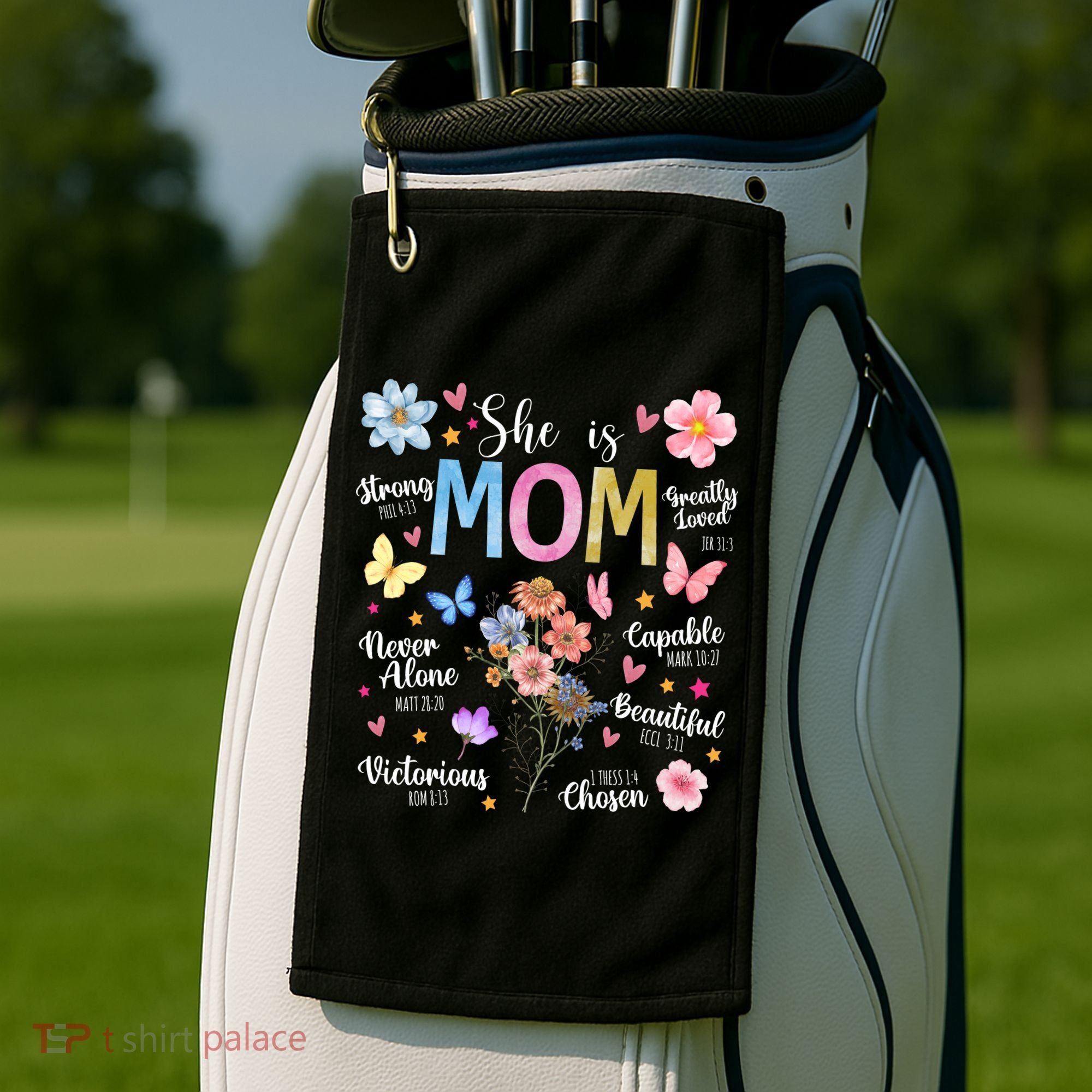 She Is Mom Bible Verses Christian Boho Floral Golf Towel