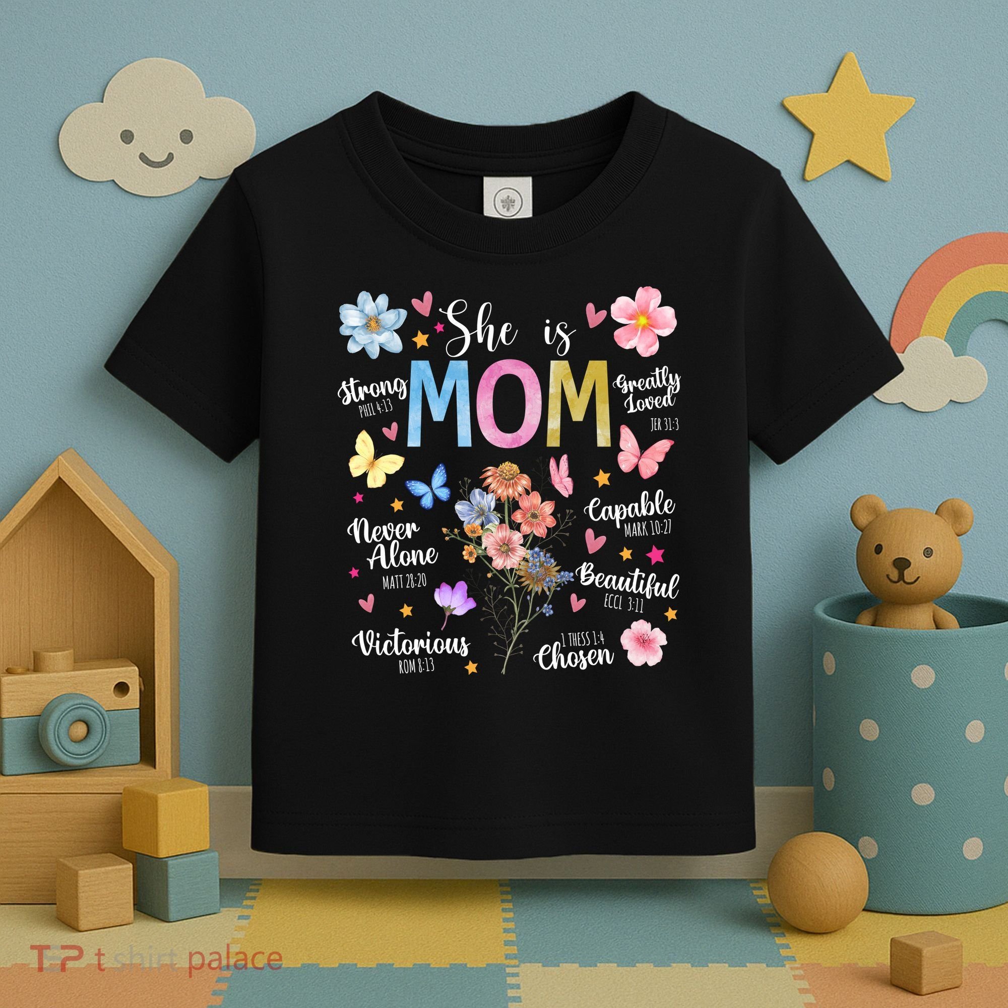 She Is Mom Bible Verses Christian Boho Floral Toddler T-Shirt
