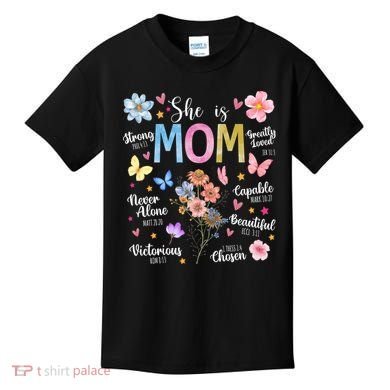 She Is Mom Bible Verses Christian Boho Floral Kids T-Shirt