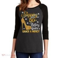Stepping into my 50th birthday with God's grace & Mercy Women's Tri-Blend 3/4-Sleeve Raglan Shirt thumb 2