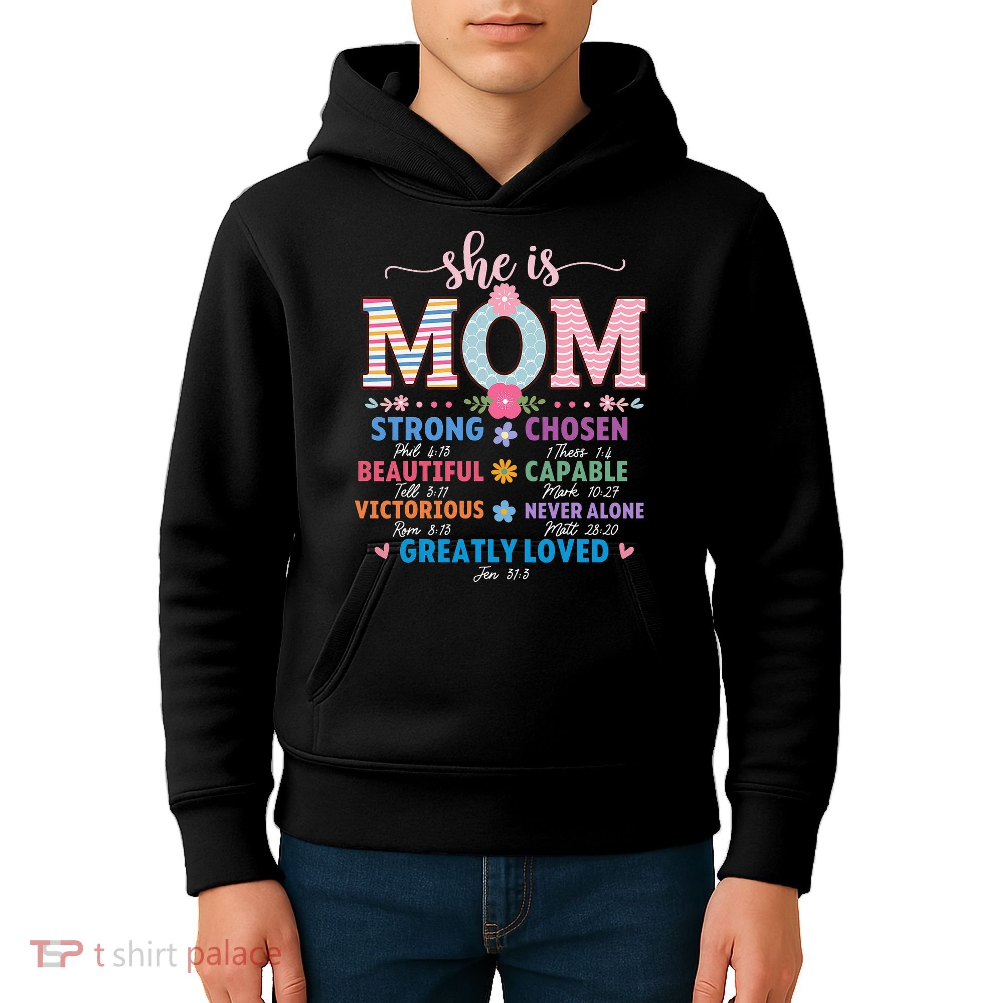 She Is Mom Bible Verses Christian Jesus Mothers Day Floral Kids Hoodie