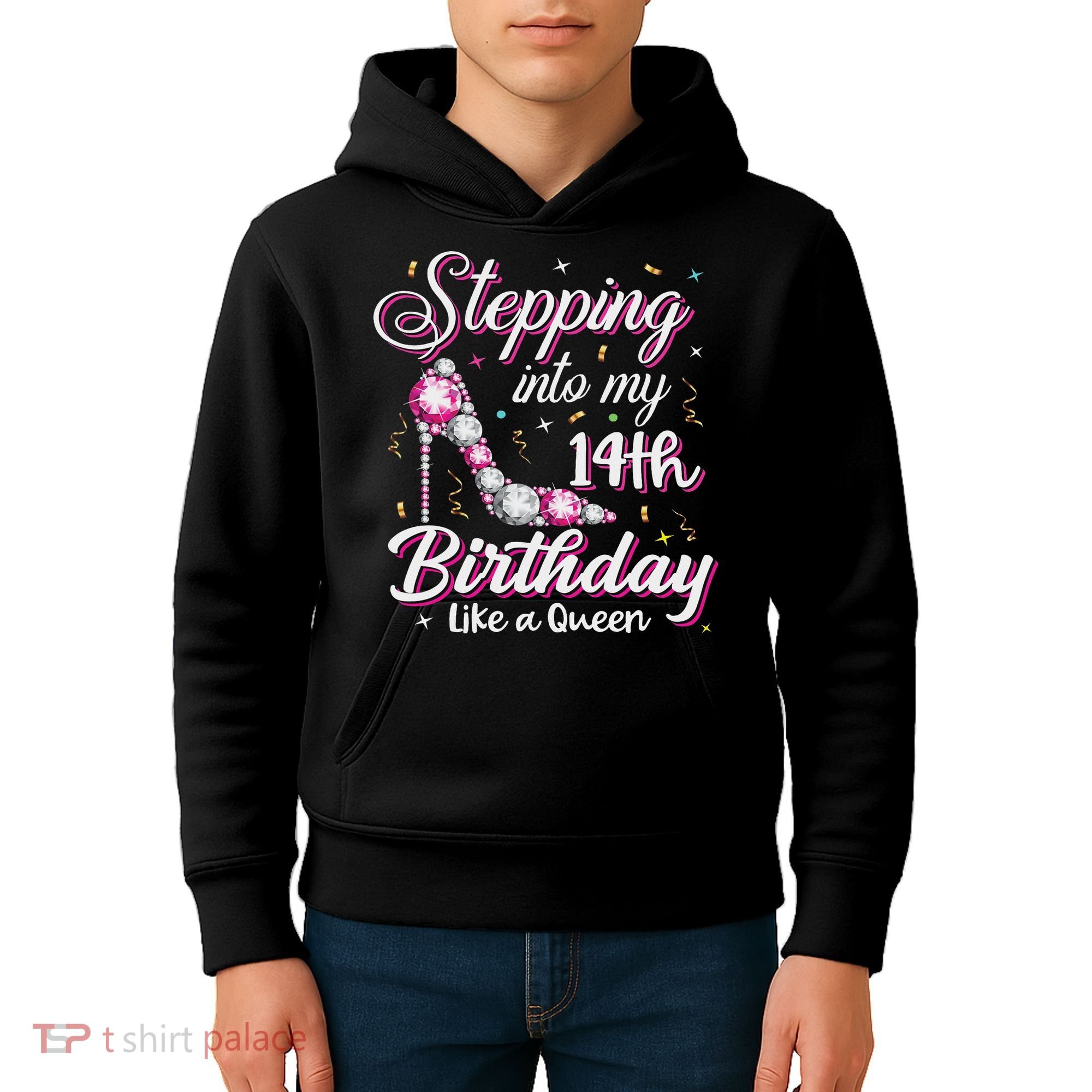 Stepping Into My 14th Birthday Like A Queen Happy Bday To Me Kids Hoodie