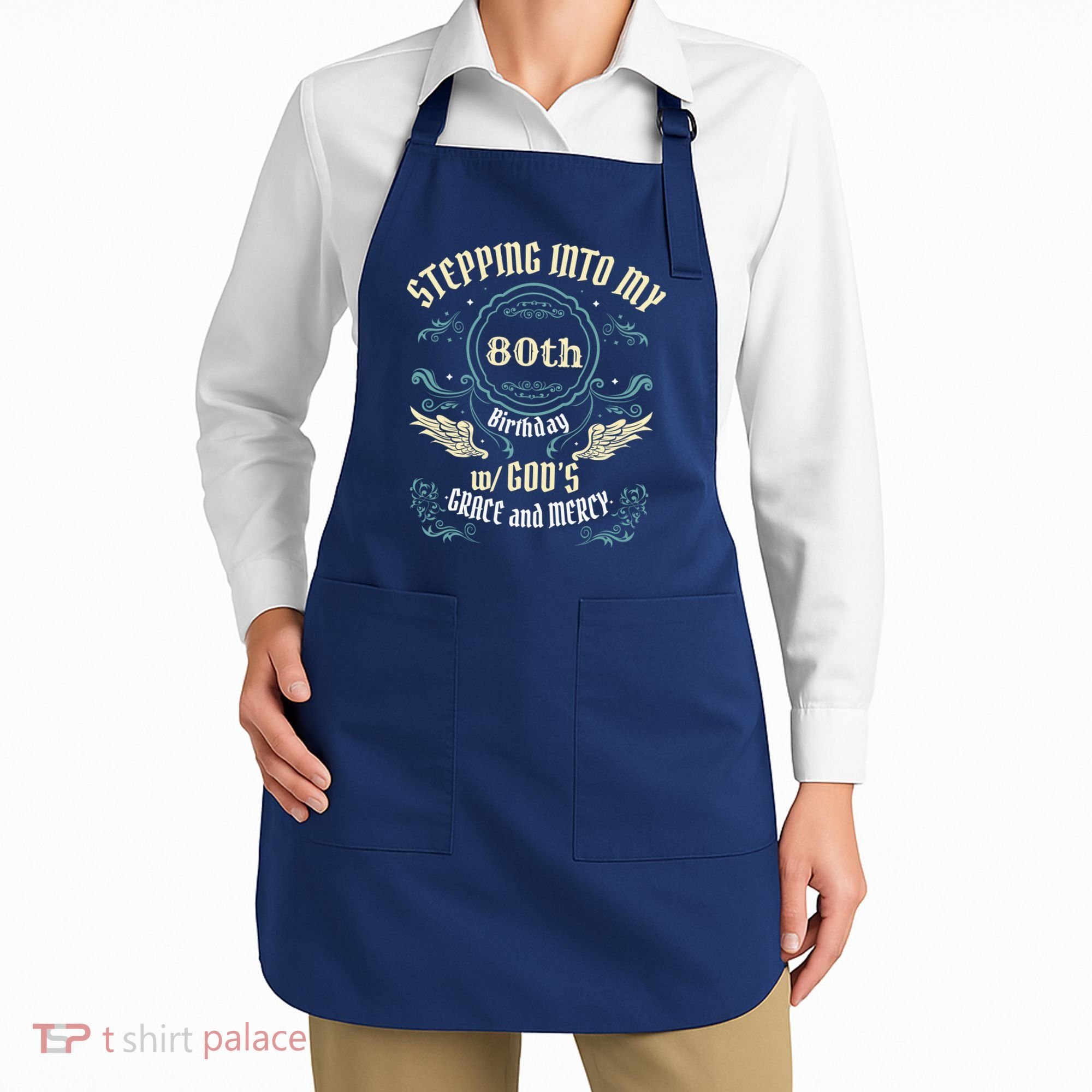 Stepping Into My 80th Birthday Religious Bday Party Theme Apron