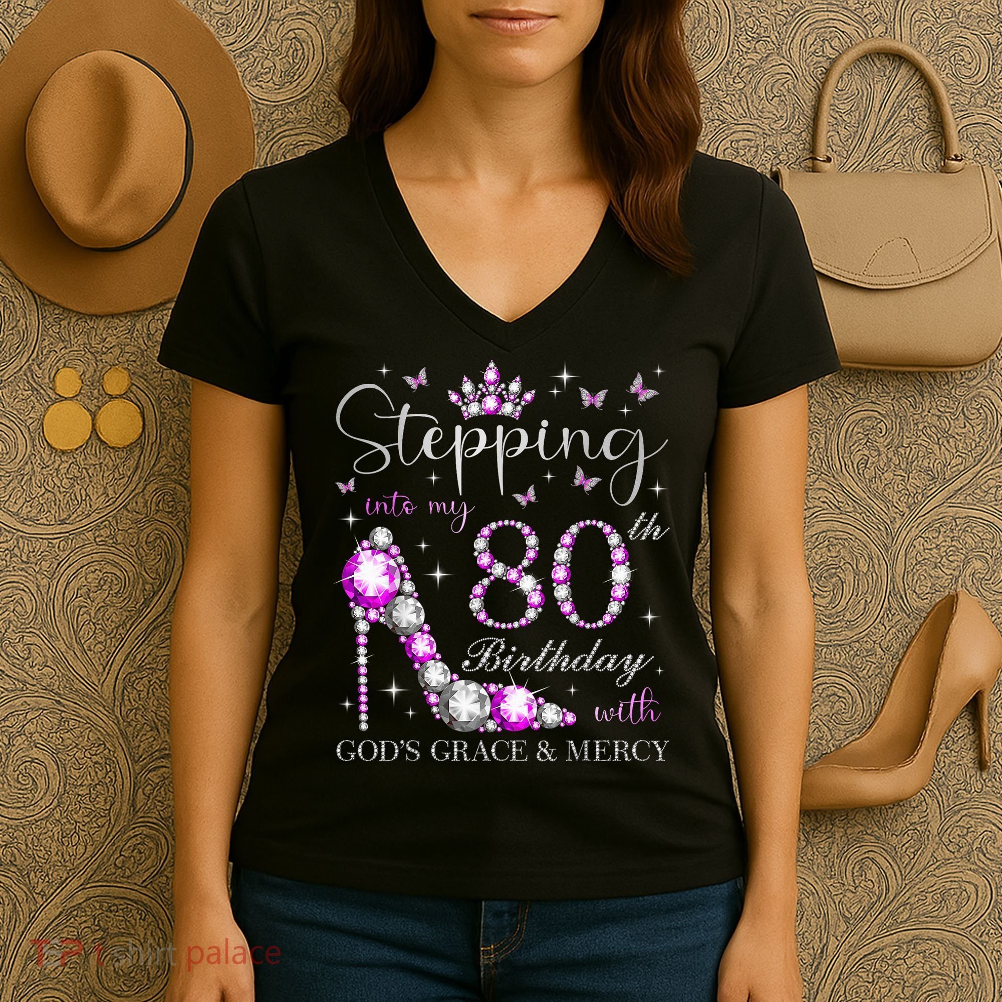 Stepping Into My 80th Birthday With God'S Grace & Mercy Women's V-Neck T-Shirt