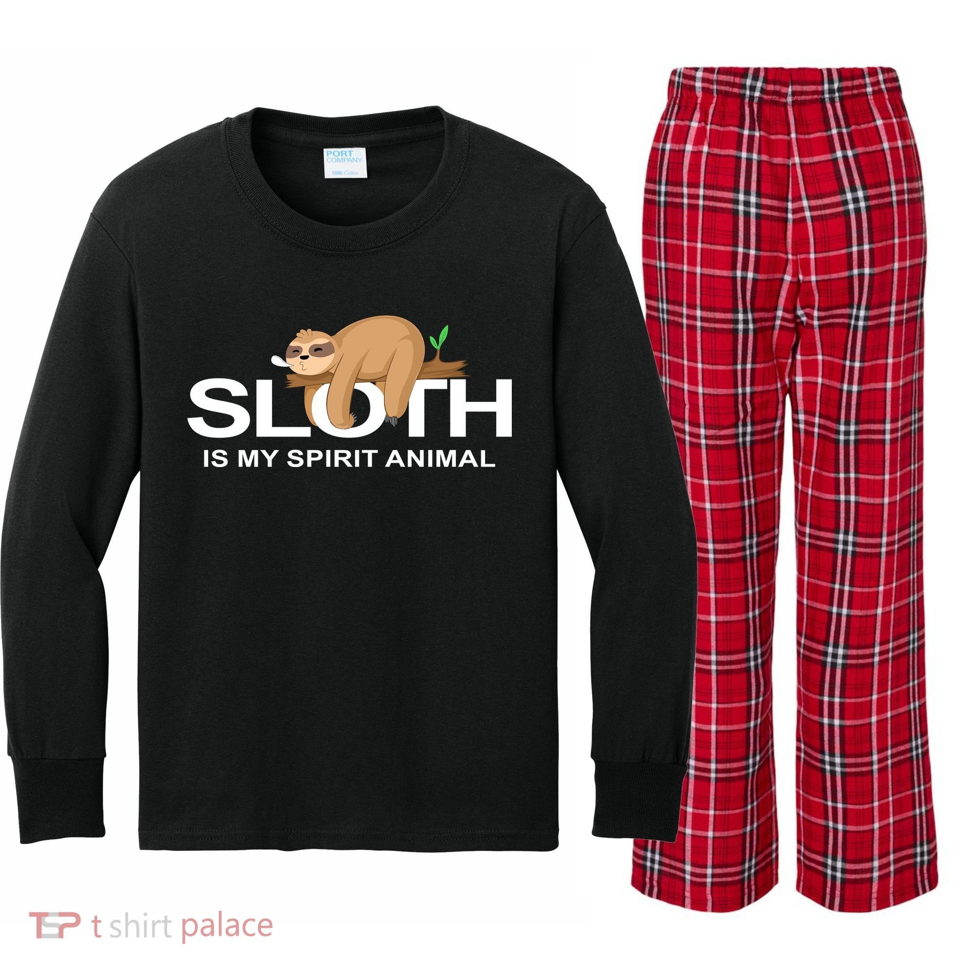 SLOTH IS MY SPIRIT ANIMAL Kids Long Sleeve Plaid Pajama Set