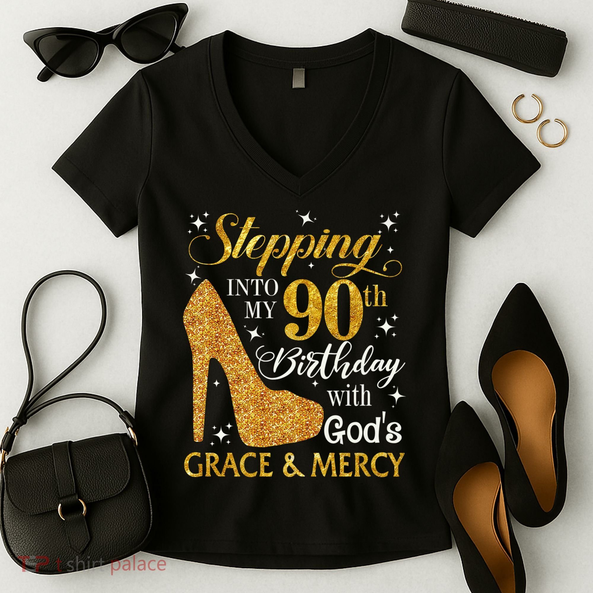 Stepping Into My 90th Birthday With God'S Grace & Mercy Women's V-Neck T-Shirt
