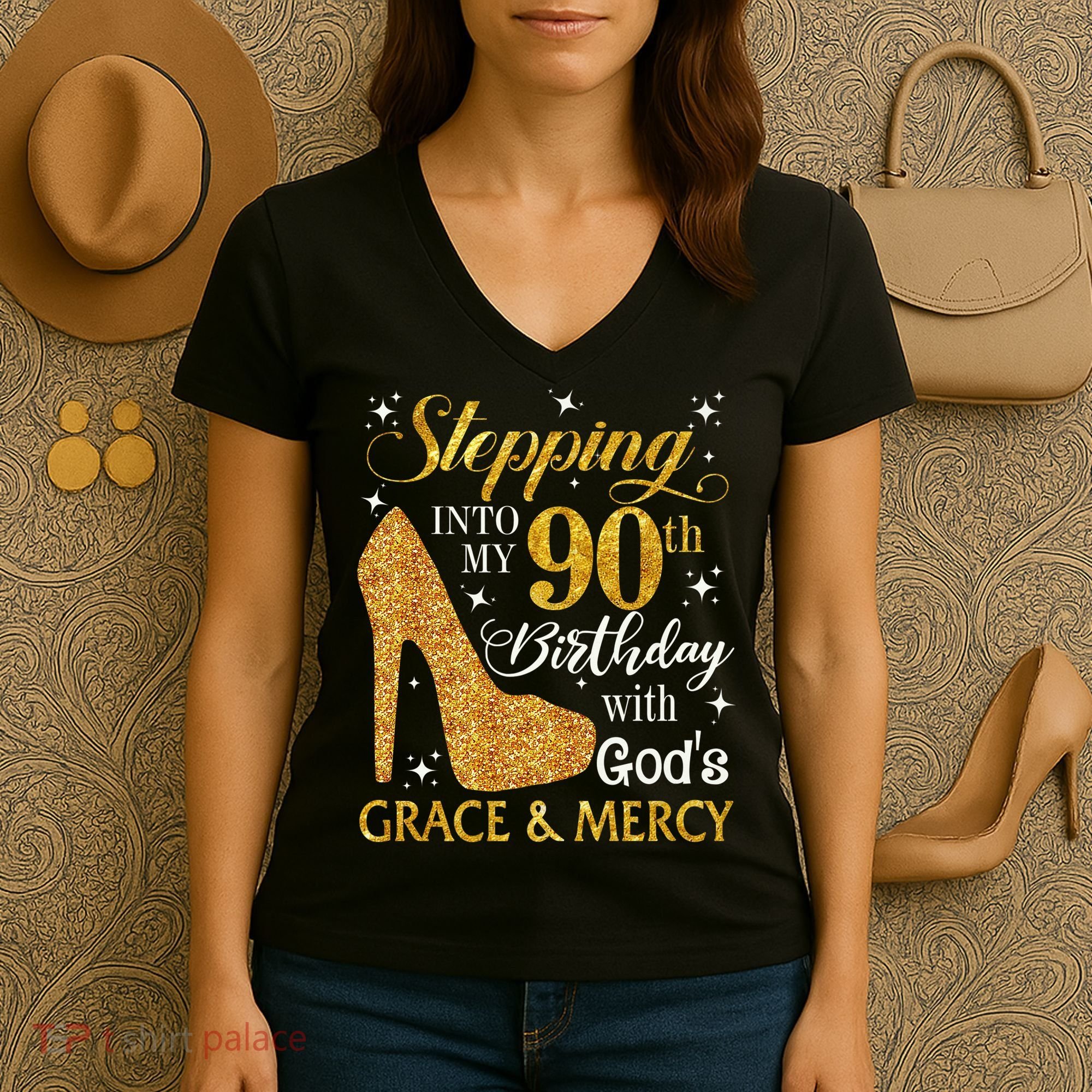 Stepping Into My 90th Birthday With God'S Grace & Mercy Women's V-Neck T-Shirt