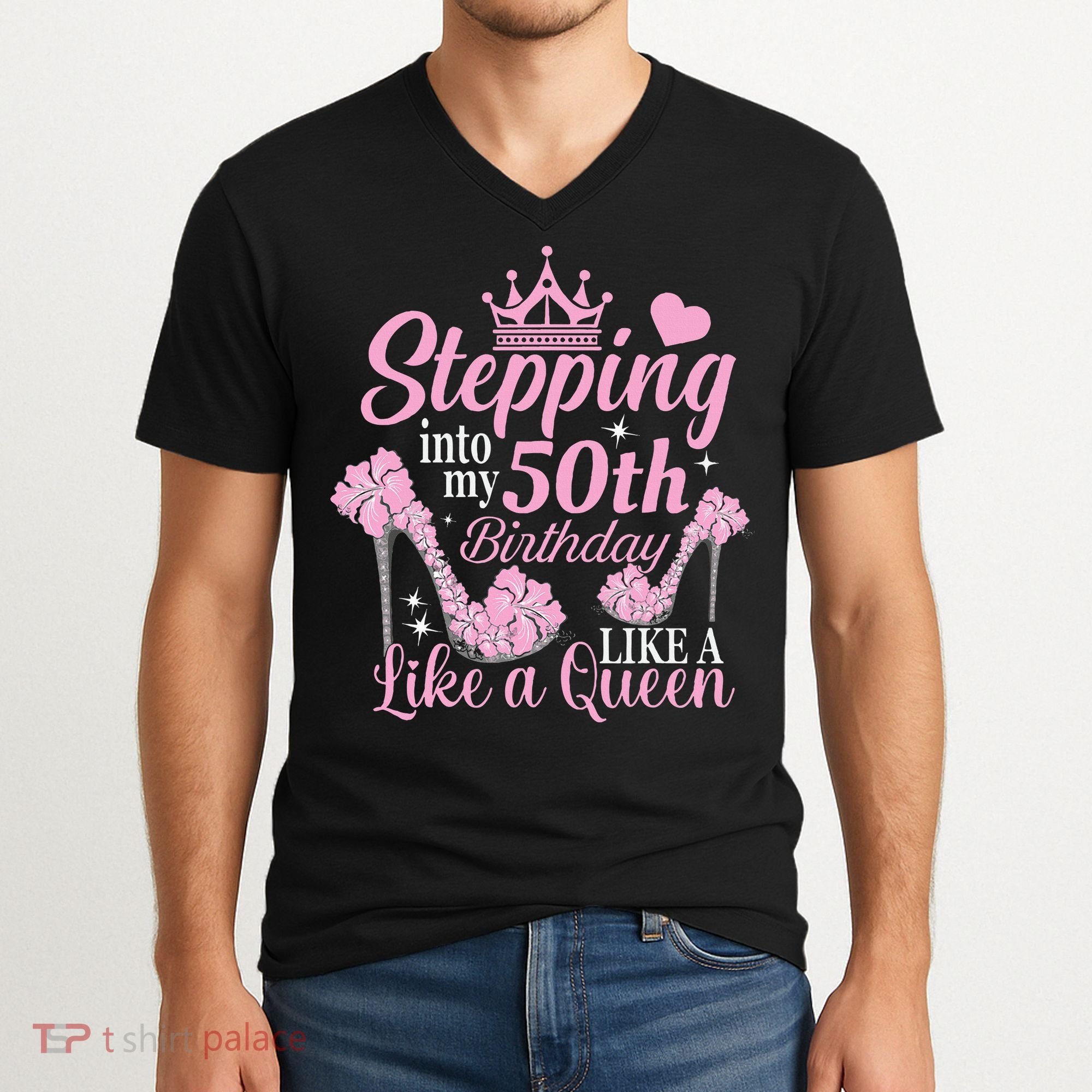 Stepping Into My 50Th Birthday Like A Queen V-Neck T-Shirt