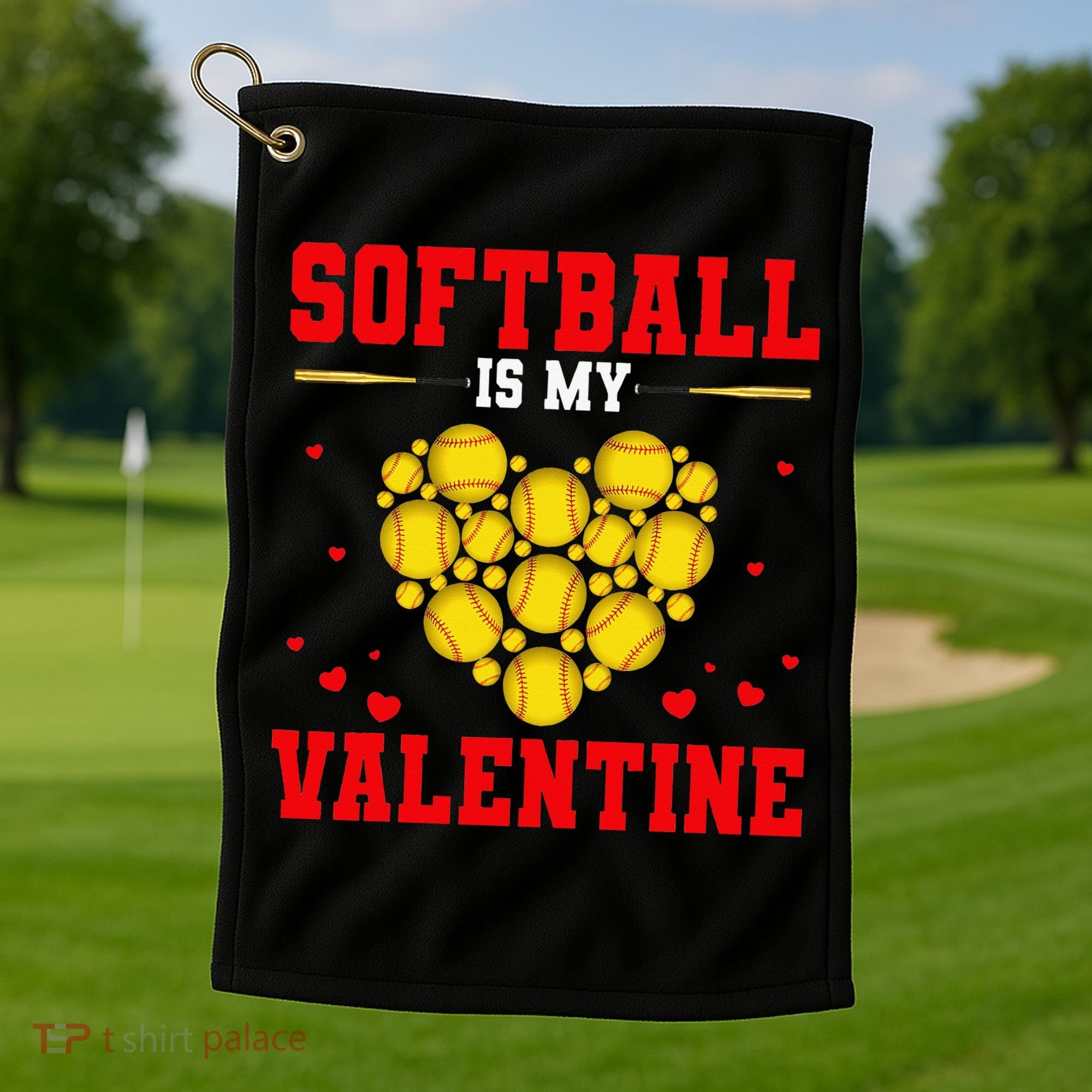 Softball Is My Valentine Love Hearts Softball V-Day Golf Towel