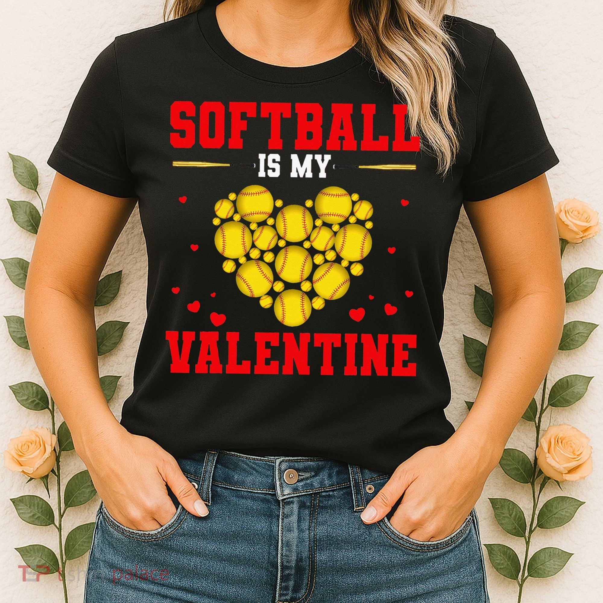 Softball Is My Valentine Love Hearts Softball V-Day Women's T-Shirt