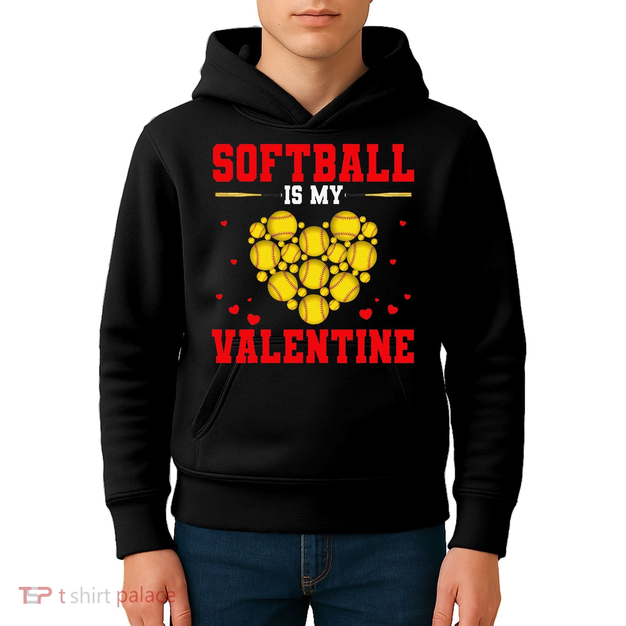 Softball Is My Valentine Love Hearts Softball V-Day Kids Hoodie
