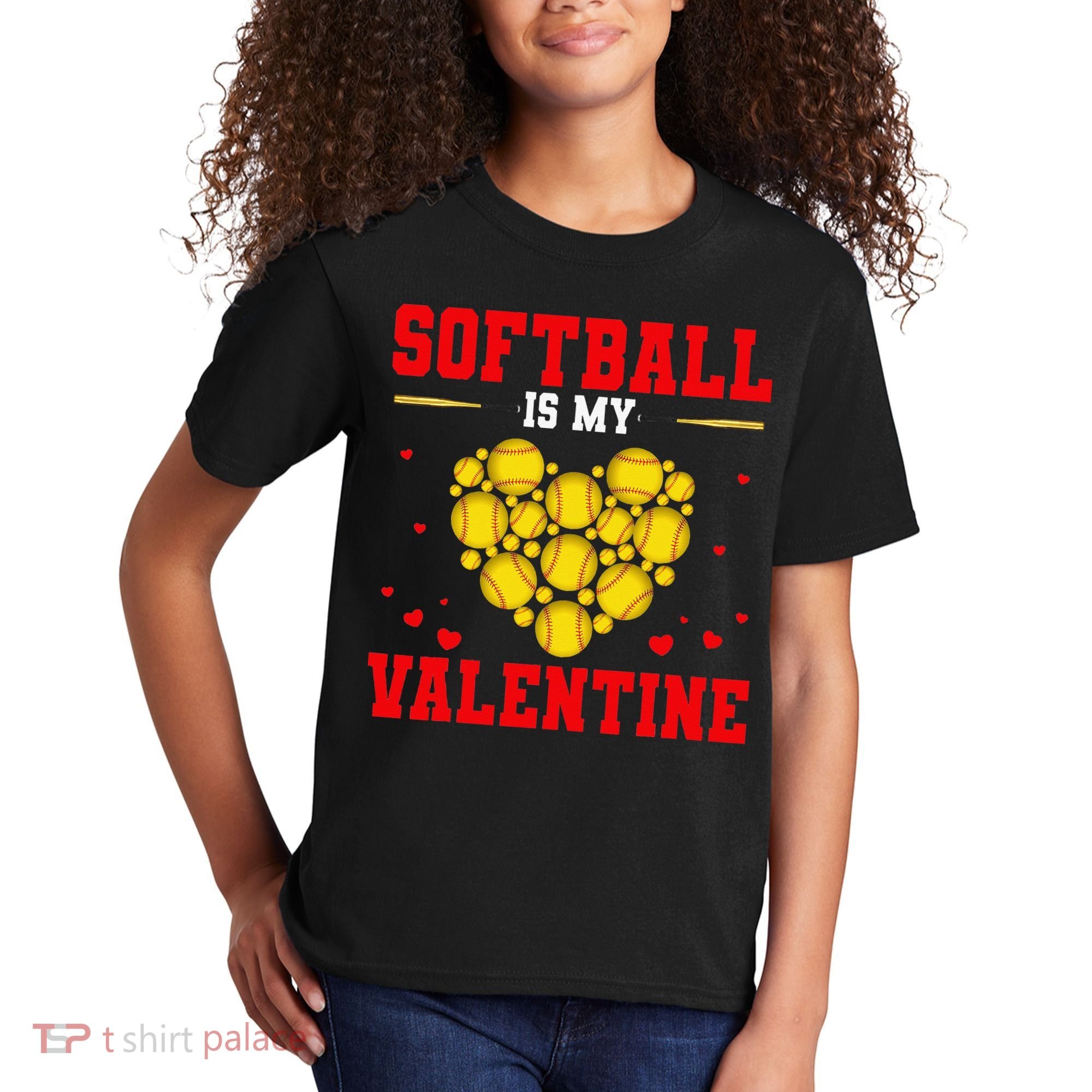 Softball Is My Valentine Love Hearts Softball V-Day Kids T-Shirt