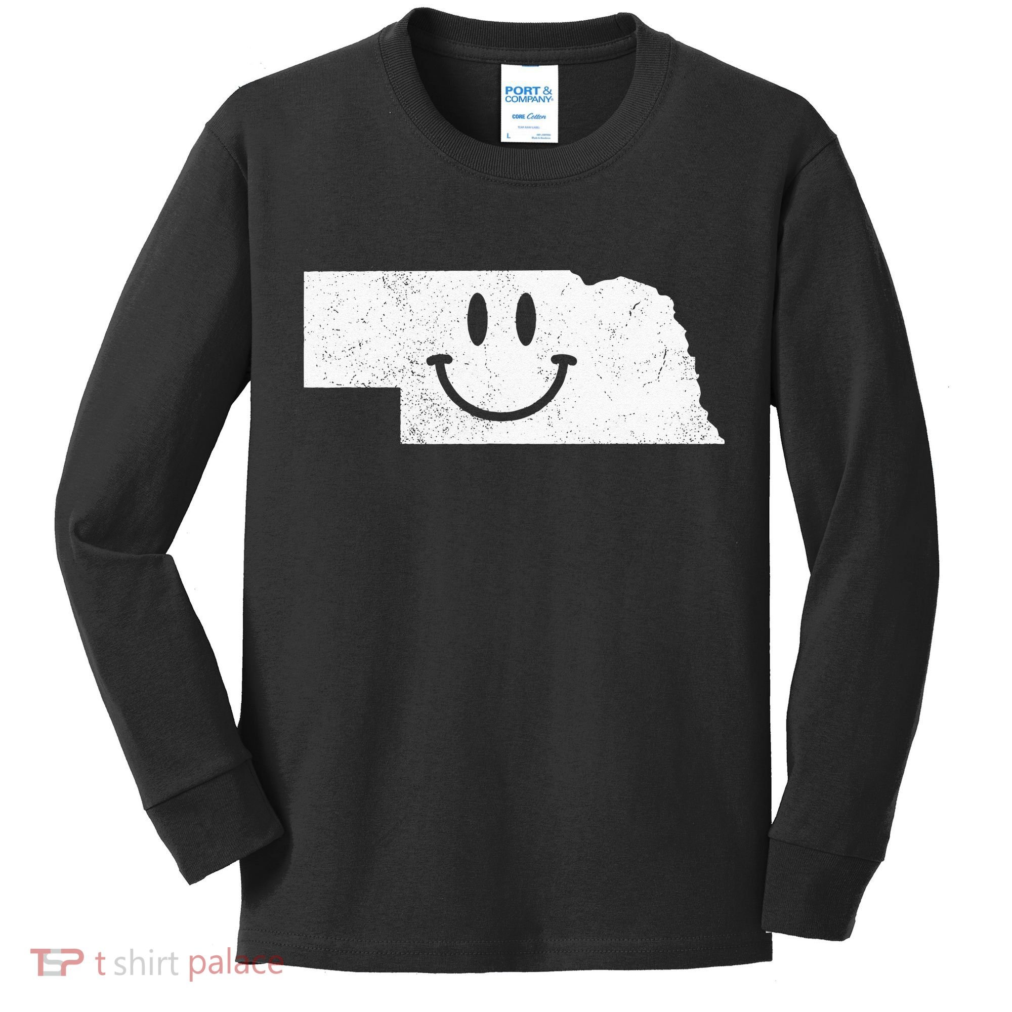 Smiling In NE – Funny Nebraska Happy Face Kids Long Sleeve Shirt