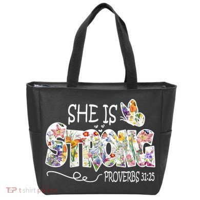 She Is Strong Proverbs 31:25 Bible Verse Tote Bag