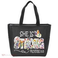 She Is Strong Proverbs 31:25 Bible Verse Tote Bag thumb 0