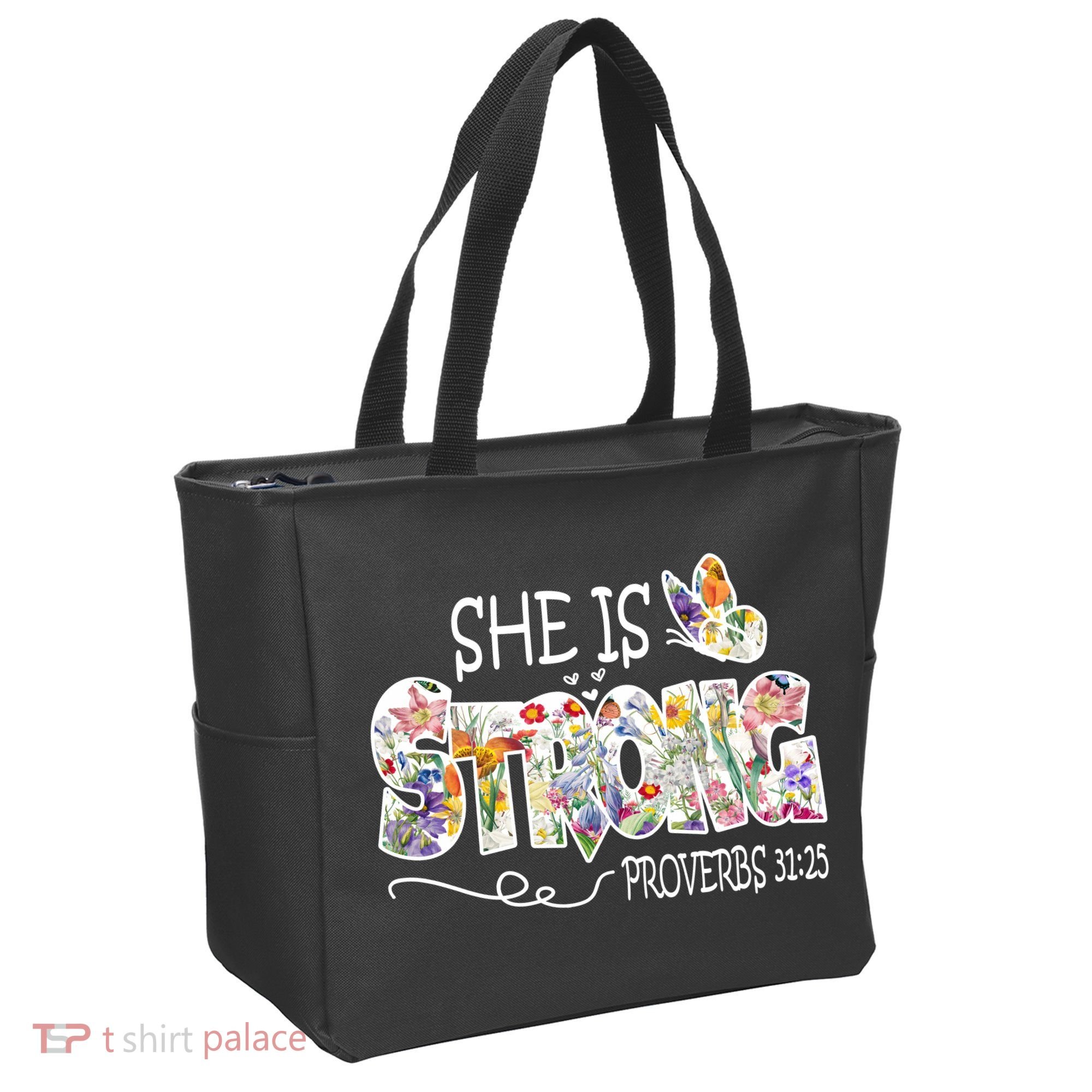 She Is Strong Proverbs 31:25 Bible Verse Tote Bag