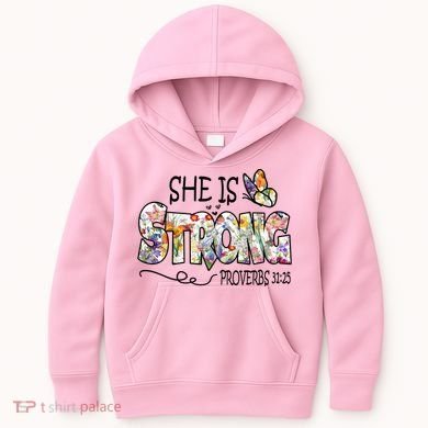 She Is Strong Proverbs 31:25 Bible Verse Kids Hoodie