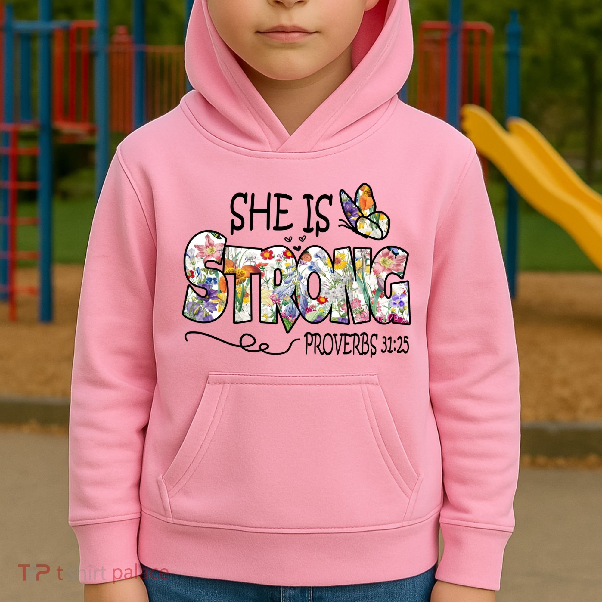 She Is Strong Proverbs 31:25 Bible Verse Kids Hoodie