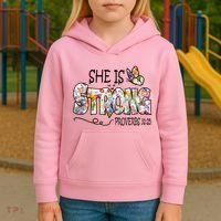 She Is Strong Proverbs 31:25 Bible Verse Kids Hoodie thumb 3