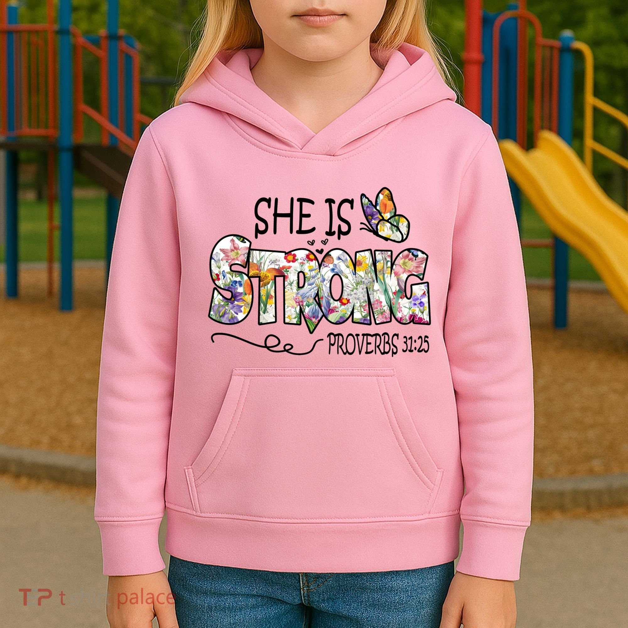 She Is Strong Proverbs 31:25 Bible Verse Kids Hoodie