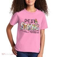 She Is Strong Proverbs 31:25 Bible Verse Kids T-Shirt thumb 2