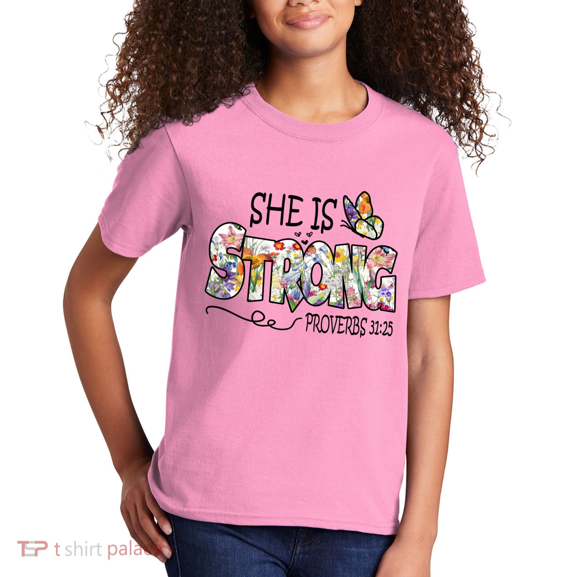 She Is Strong Proverbs 31:25 Bible Verse Kids T-Shirt