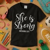 She Is Strong Proverbs 31 25 Gifts Christian Scripture Kids T-Shirt thumb 3