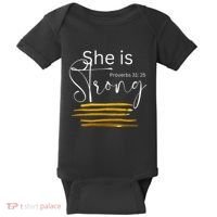 She Is Strong Proverbs 3125 Bible Verse Slogan Western Cross Baby Bodysuit thumb 0