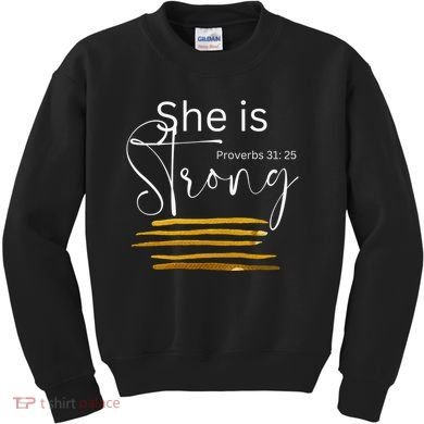 She Is Strong Proverbs 3125 Bible Verse Slogan Western Cross Kids Sweatshirt