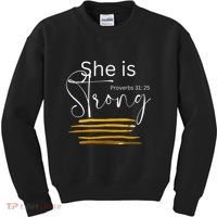 She Is Strong Proverbs 3125 Bible Verse Slogan Western Cross Kids Sweatshirt thumb 0