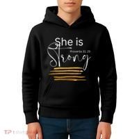 She Is Strong Proverbs 3125 Bible Verse Slogan Western Cross Kids Hoodie thumb 4