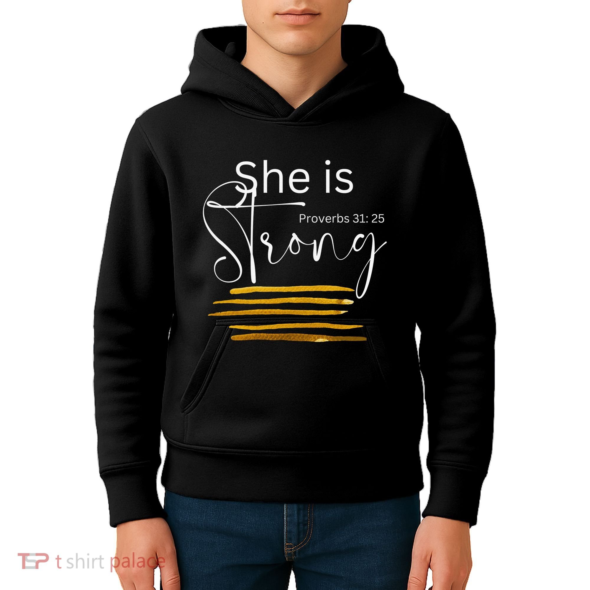 She Is Strong Proverbs 3125 Bible Verse Slogan Western Cross Kids Hoodie