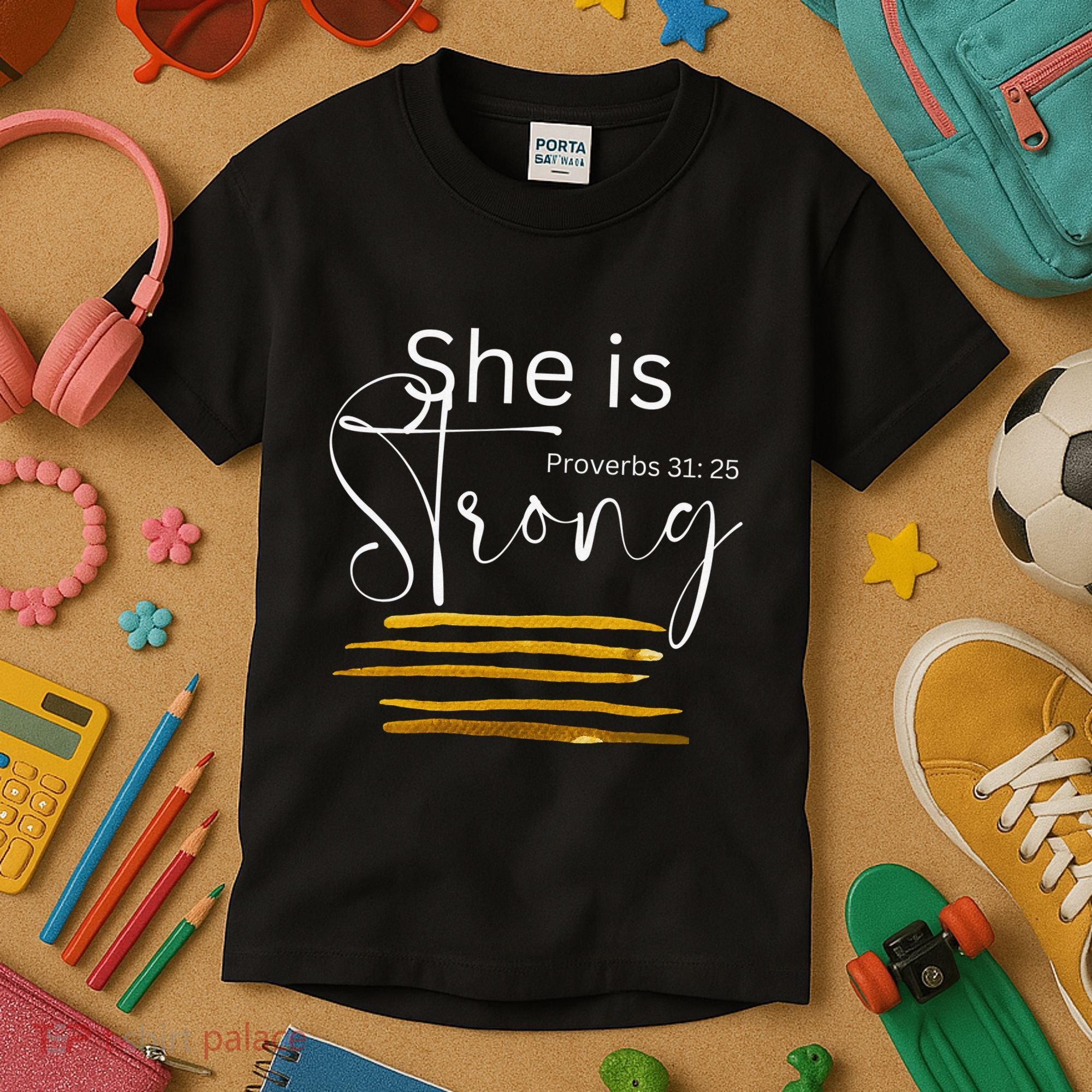She Is Strong Proverbs 3125 Bible Verse Slogan Western Cross Kids T-Shirt