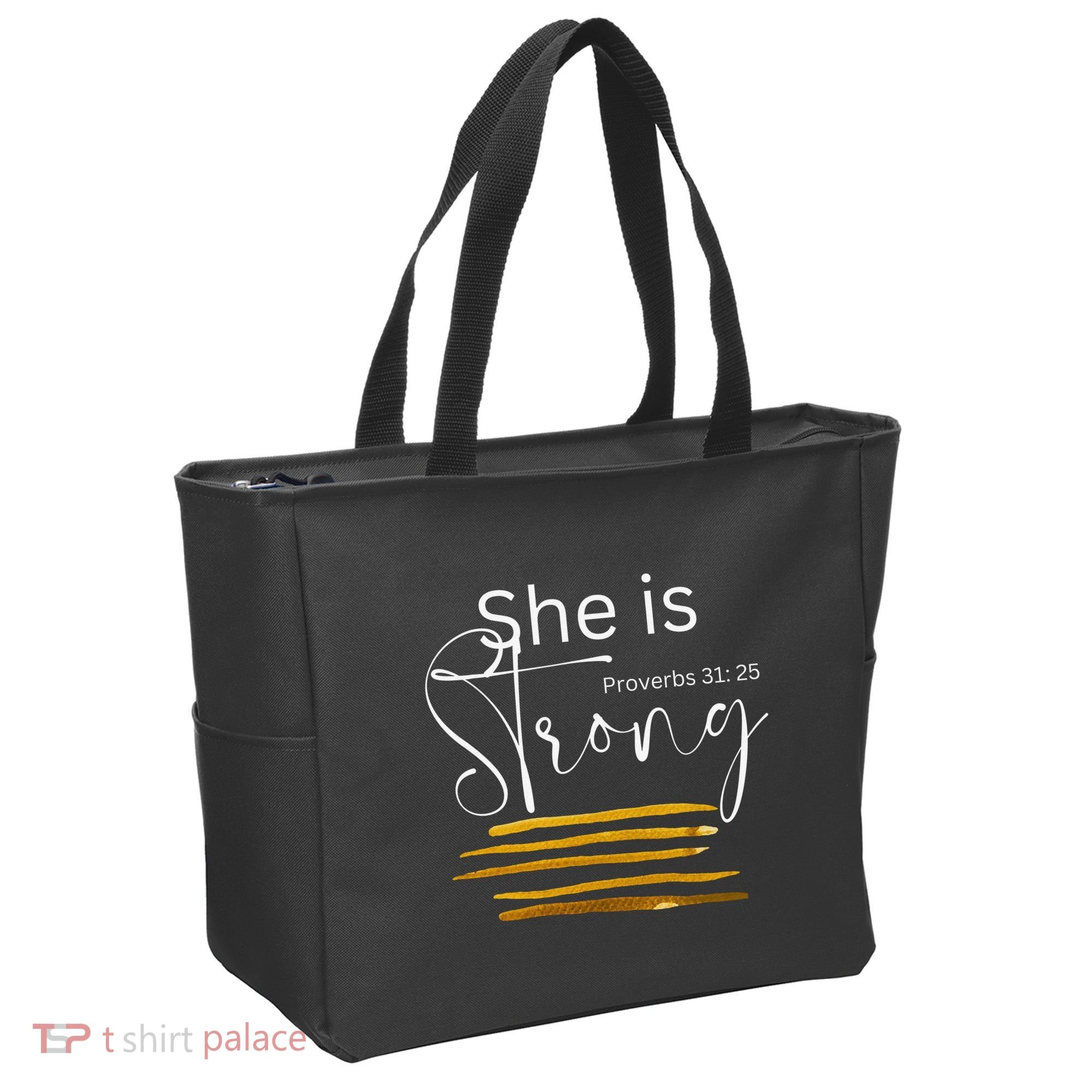 She Is Strong Proverbs 3125 Bible Verse Slogan Western Cross Tote Bag