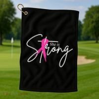 She Is Strong Breast Cancer Awareness Ribbon Golf Towel thumb 1