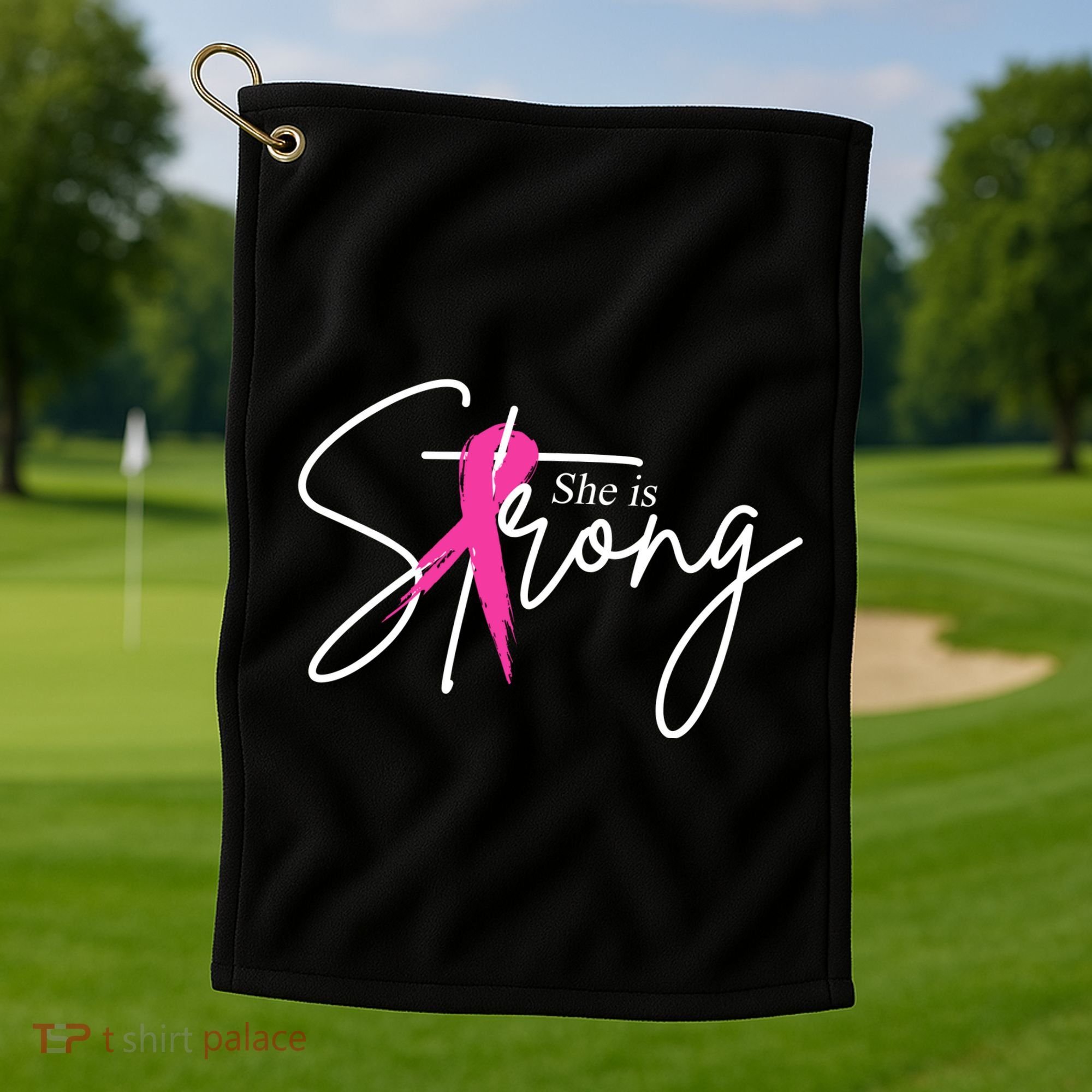 She Is Strong Breast Cancer Awareness Ribbon Golf Towel