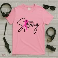 She Is Strong Breast Cancer Awareness Ribbon T-Shirt thumb 5