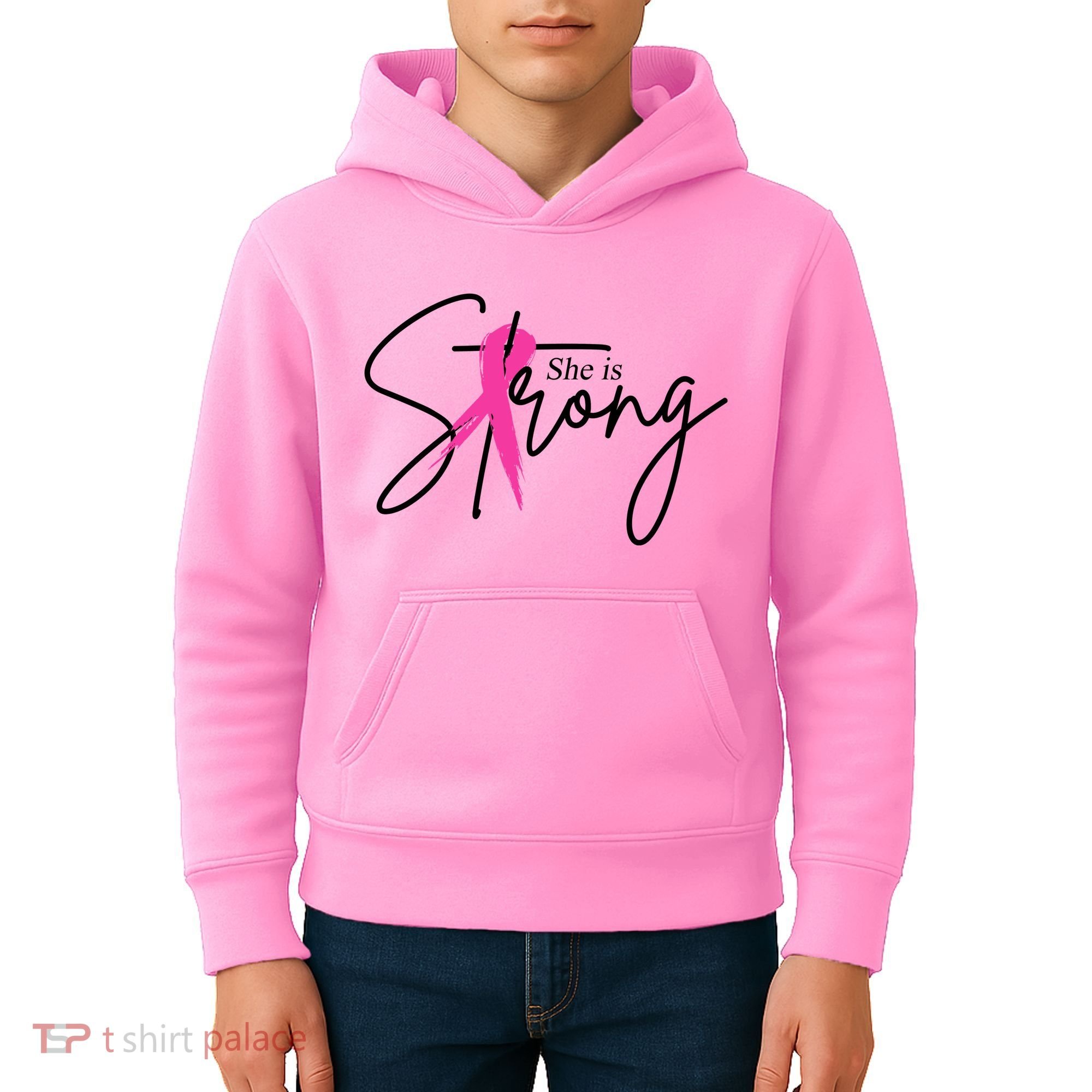 She Is Strong Breast Cancer Awareness Ribbon Kids Hoodie