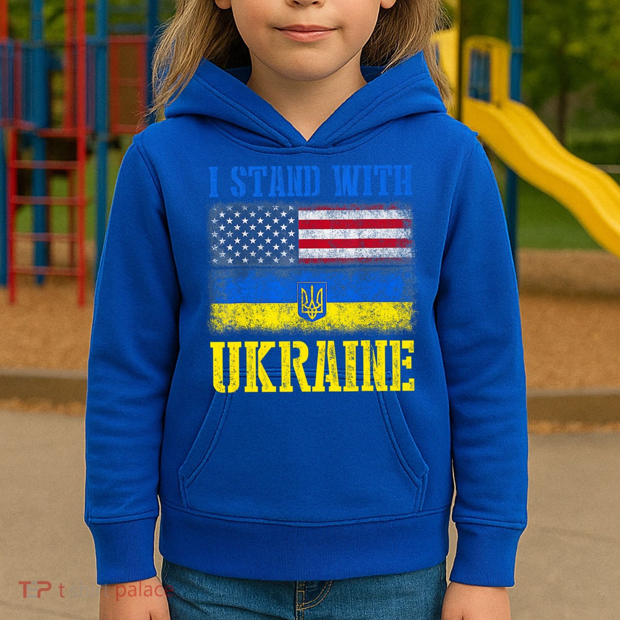 Support I Stand With Ukraine American Ukrainian Flag Funny Gift Kids Hoodie