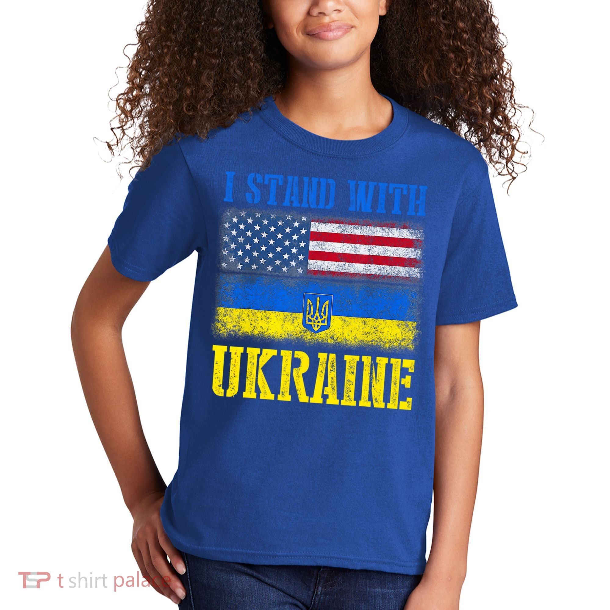 Support I Stand With Ukraine American Ukrainian Flag Funny Gift Kids T-Shirt