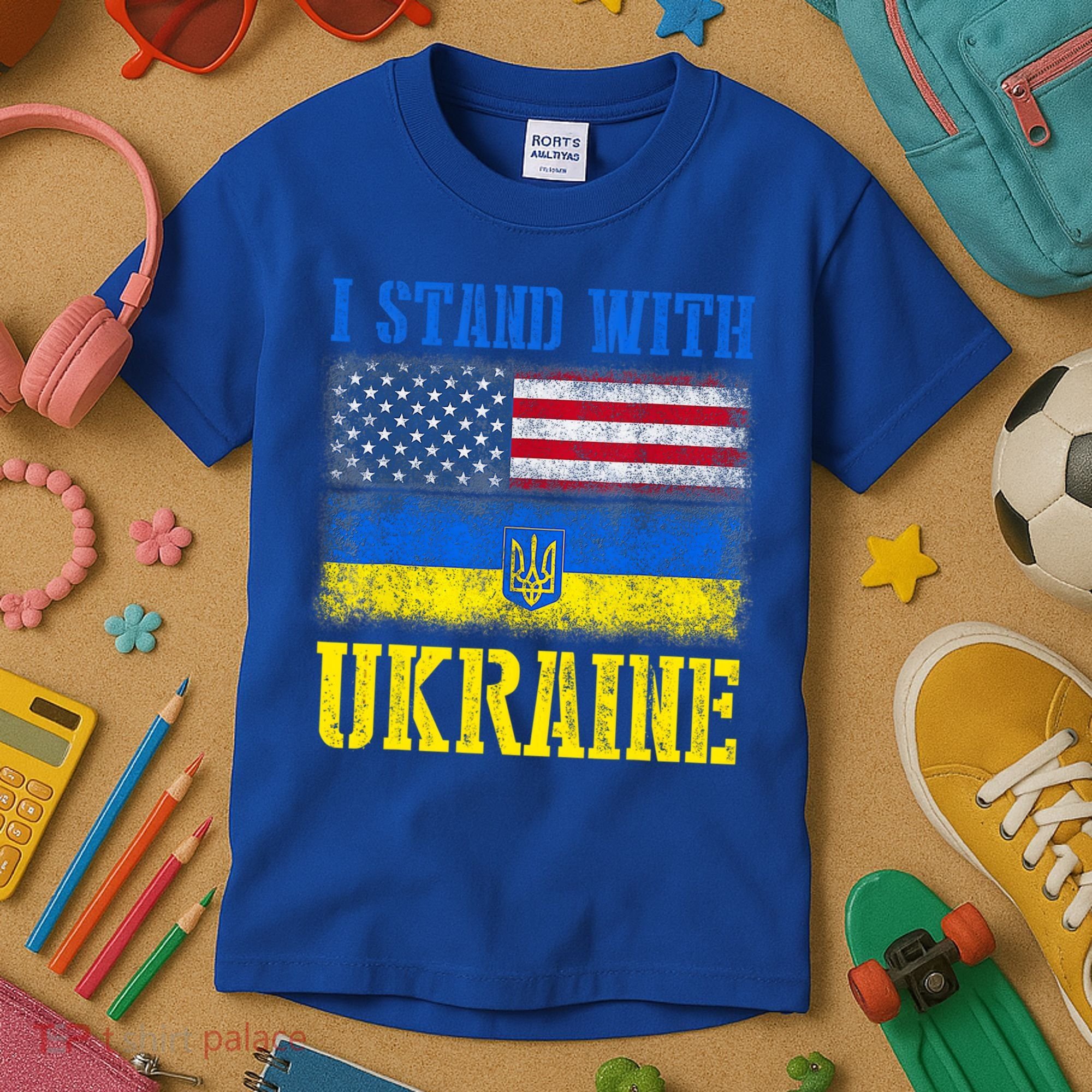 Support I Stand With Ukraine American Ukrainian Flag Funny Gift Kids T-Shirt