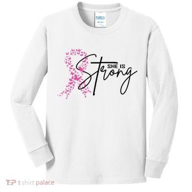 She Is Strong Breast Cancer Awareness Kids Long Sleeve Shirt