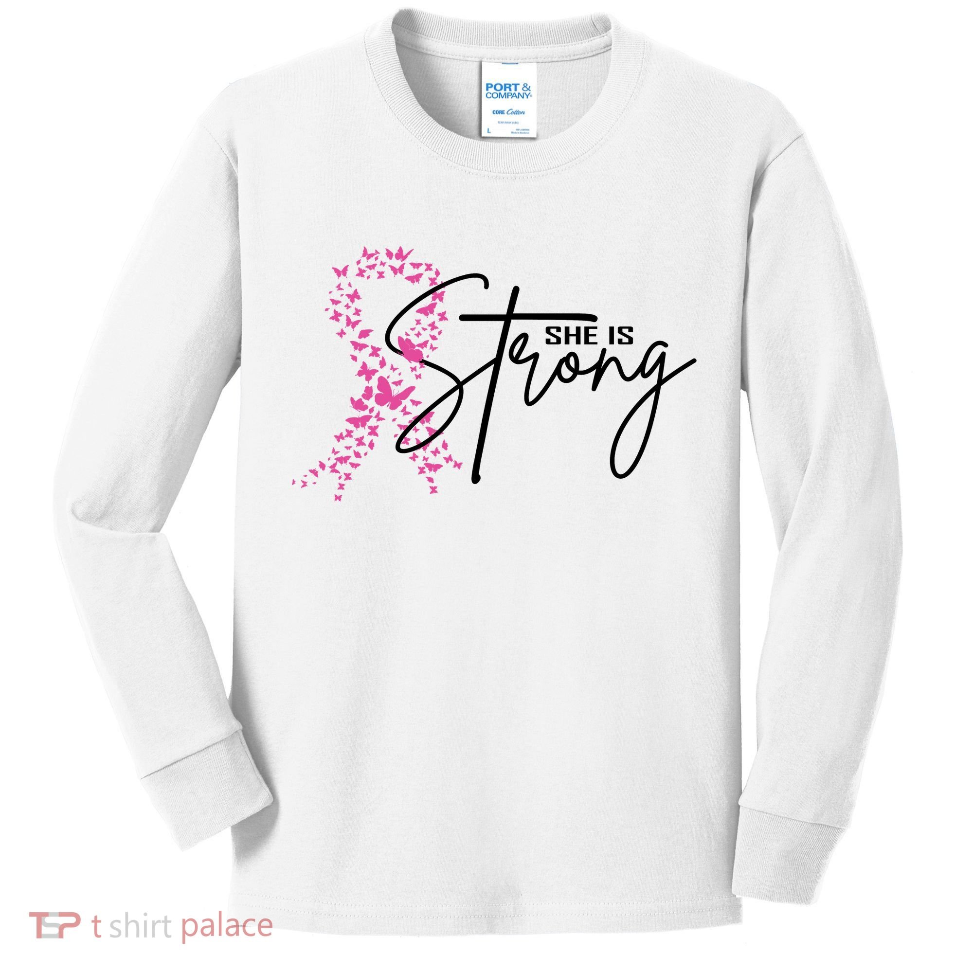 She Is Strong Breast Cancer Awareness Kids Long Sleeve Shirt