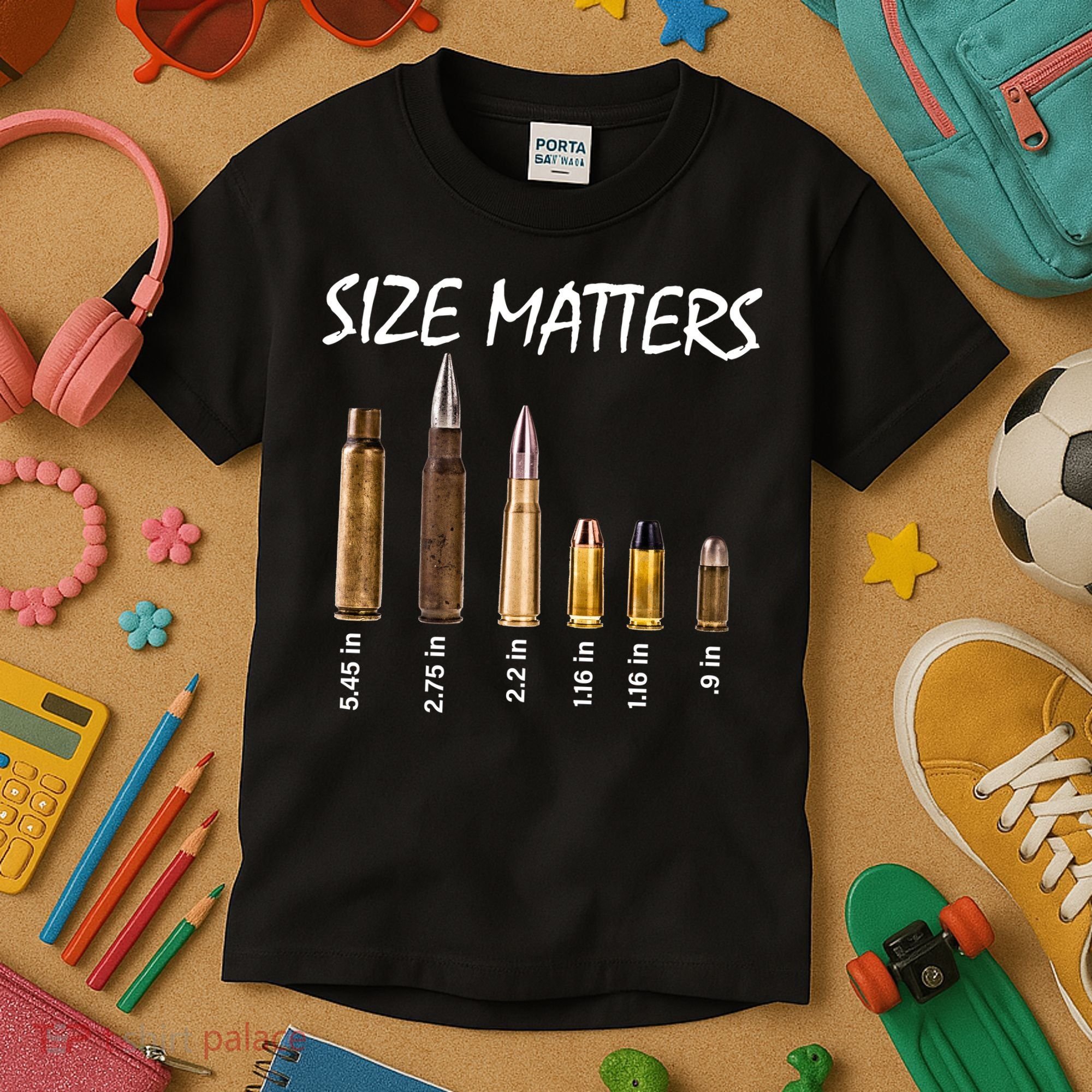 Size Matters Guns And Bullets Kids T-Shirt