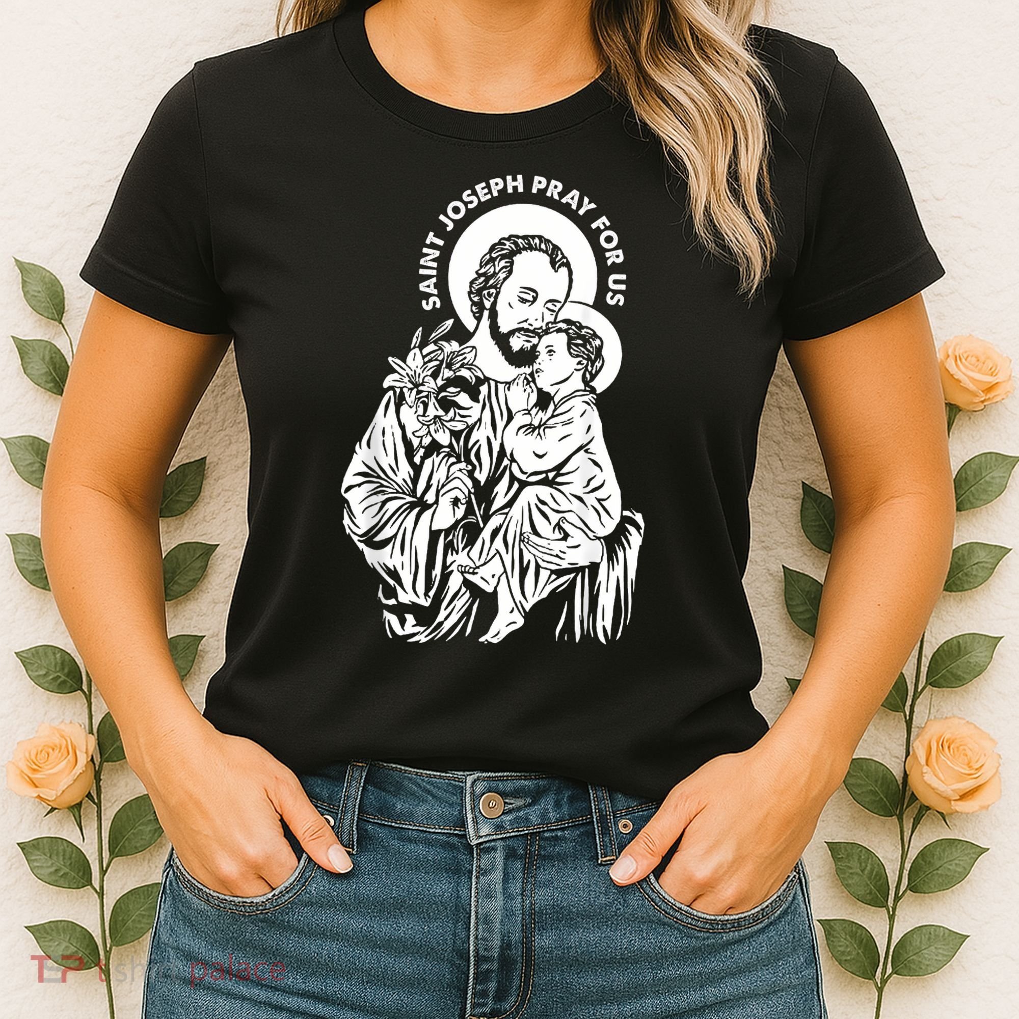 St Joseph and Jesus Pray for Us Catholic Saints Women's T-Shirt