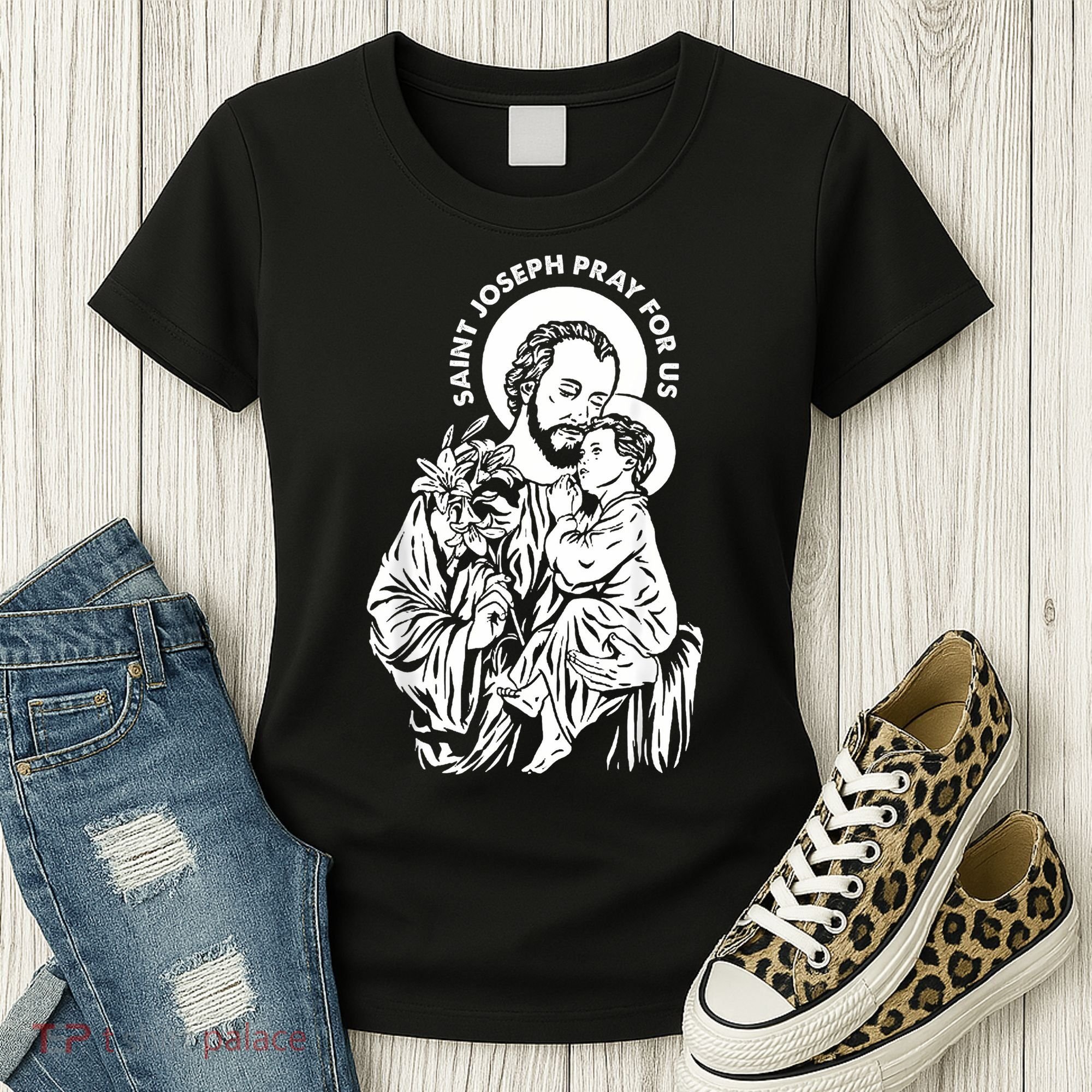 St Joseph and Jesus Pray for Us Catholic Saints Women's T-Shirt