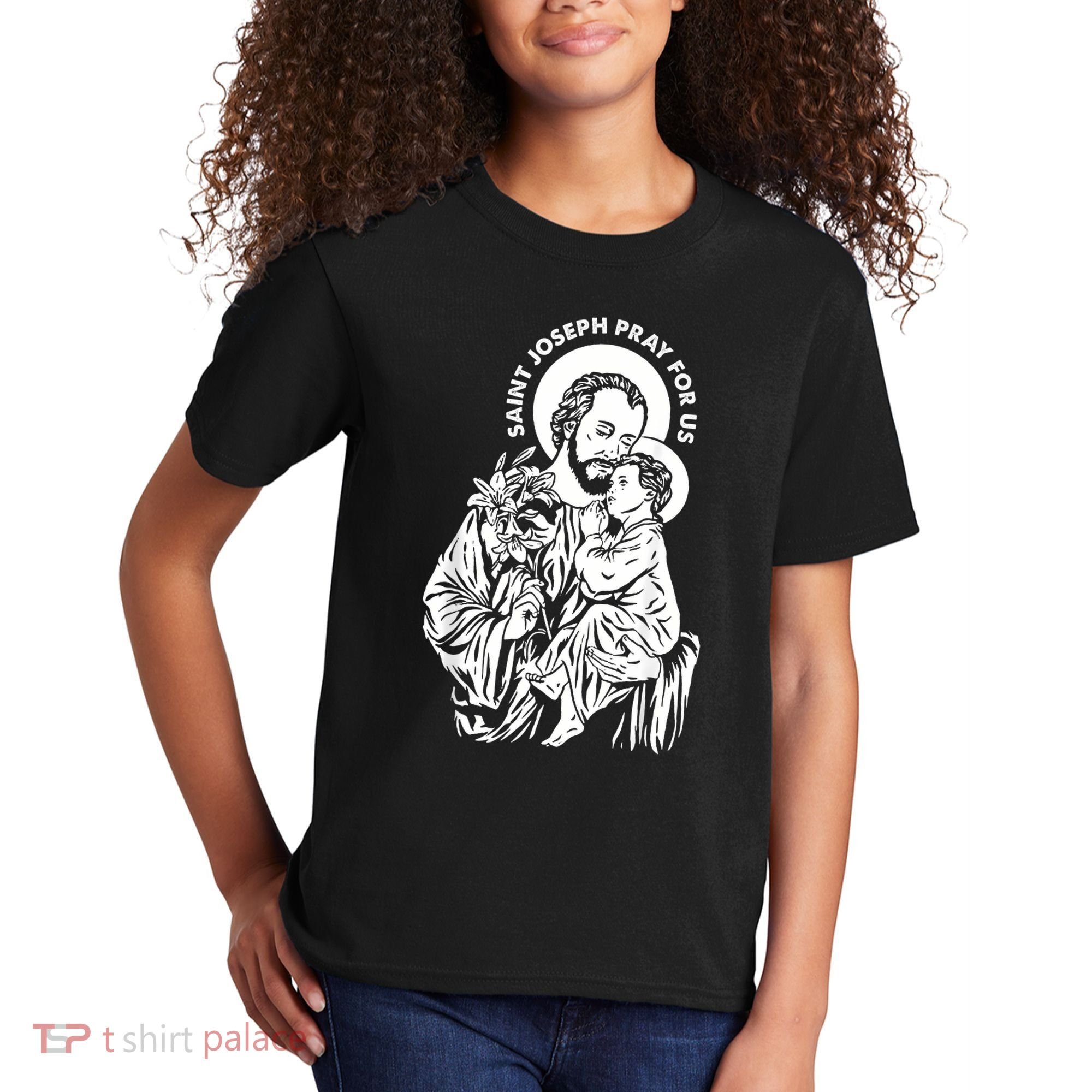 St Joseph and Jesus Pray for Us Catholic Saints Kids T-Shirt