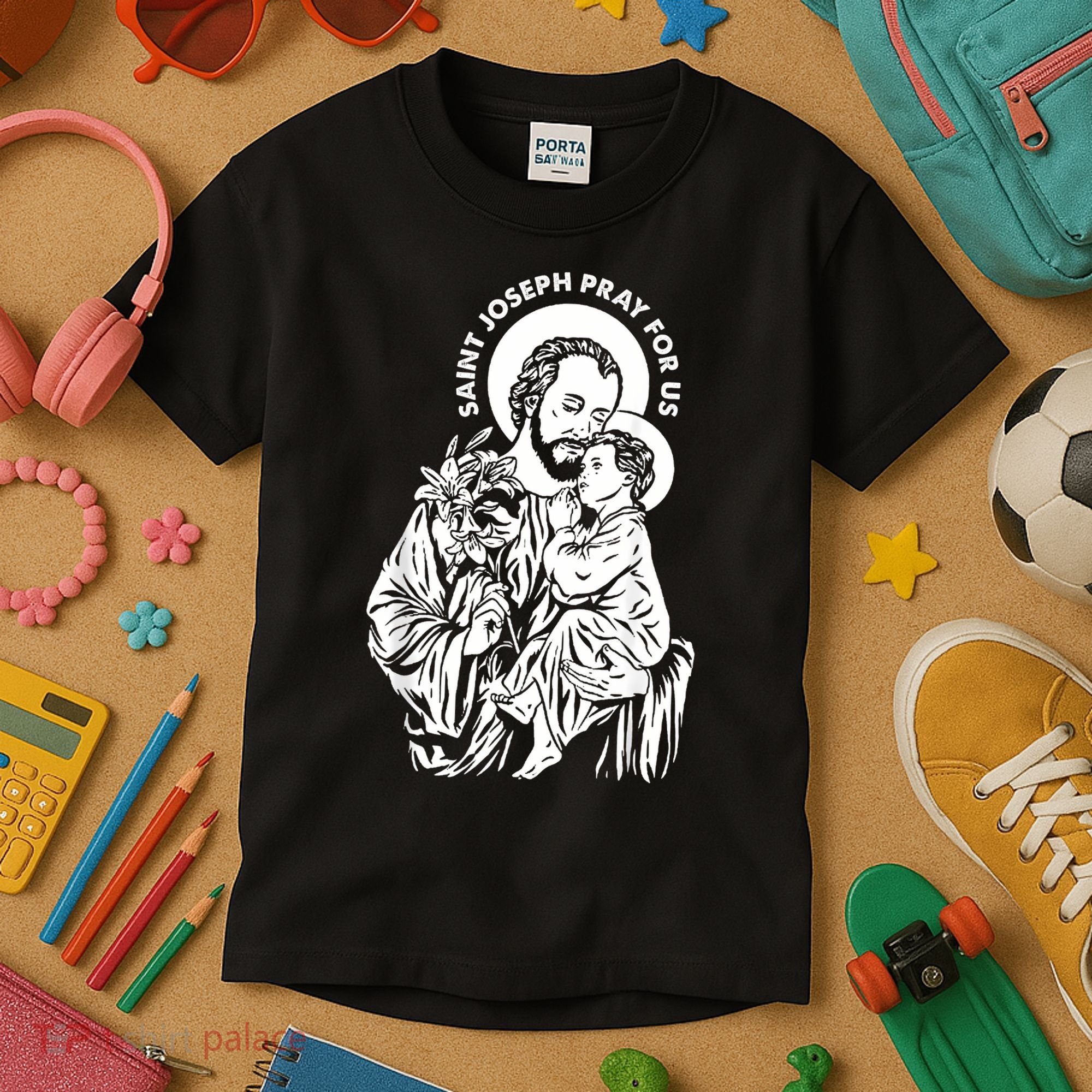 St Joseph and Jesus Pray for Us Catholic Saints Kids T-Shirt