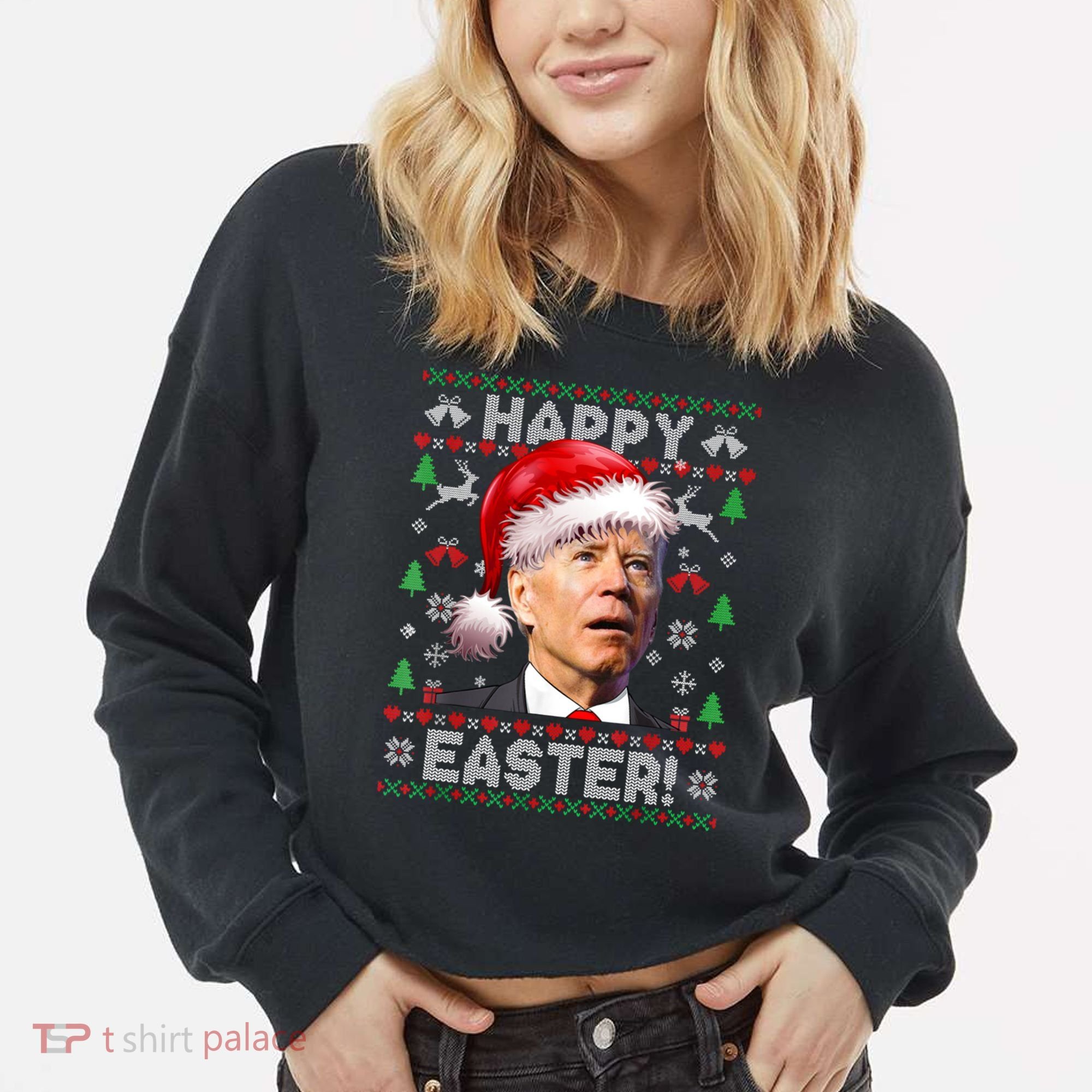 Santa Joe Biden Happy Easter Ugly Christmas Sweater Cropped Pullover Crew