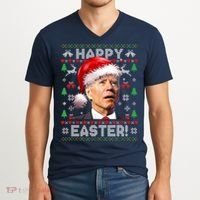 Santa Joe Biden Happy Easter Ugly Christmas Sweater V-Neck T-Shirt thumb 2